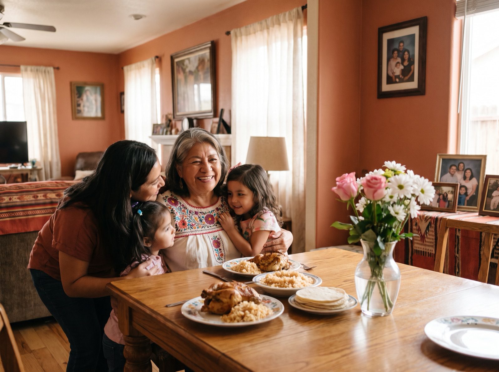A Mexican-American family celebrating Día de la Madre at home