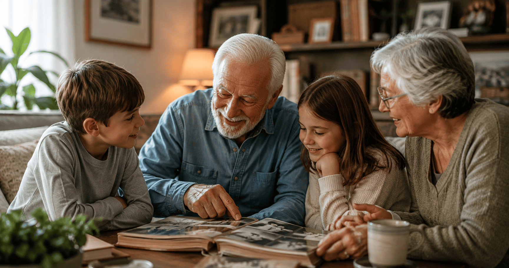 Family sharing stories and memories together while preserving their family history