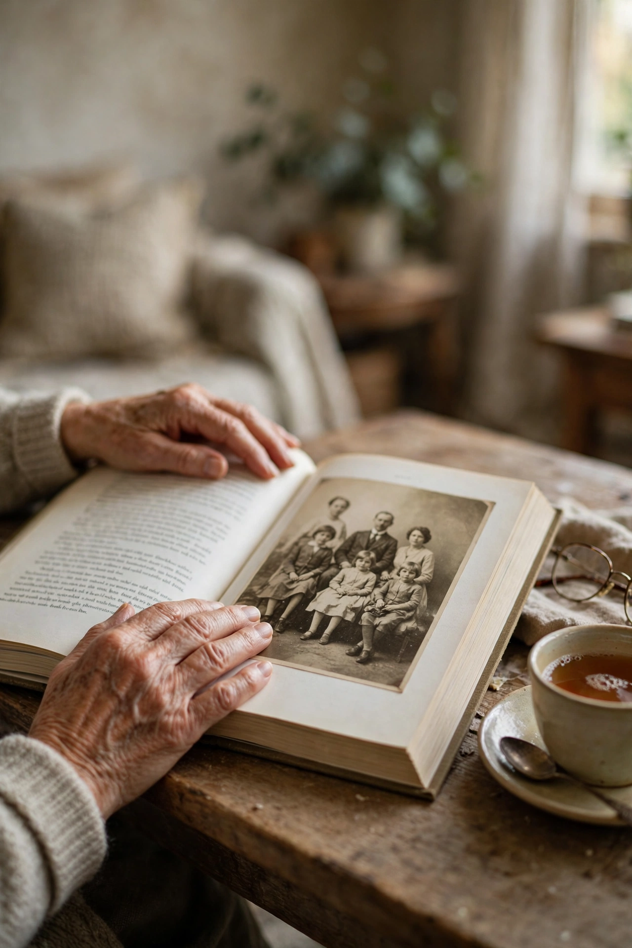 An open memoir book on a wooden table, one page of printed story text and one page showing a sepia family portrait, with an older person's hands resting on the pages